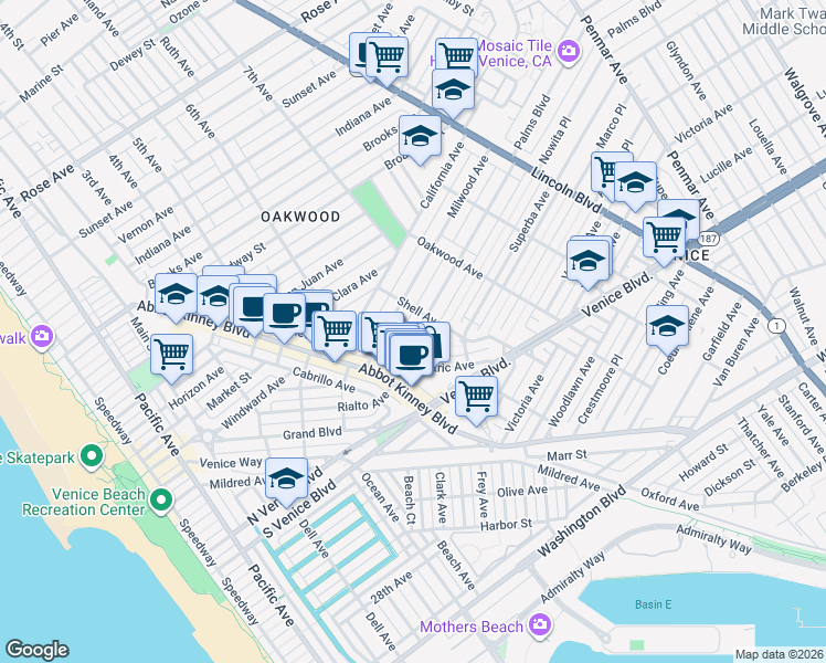 map of restaurants, bars, coffee shops, grocery stores, and more near 633 Palms Boulevard in Los Angeles