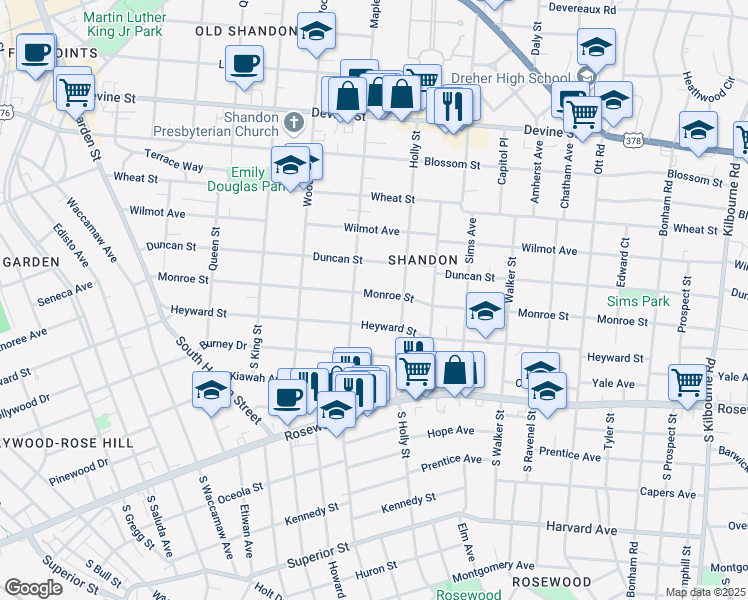 map of restaurants, bars, coffee shops, grocery stores, and more near 2818 Monroe Street in Columbia