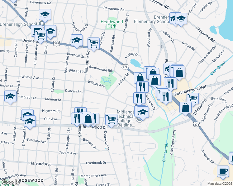 map of restaurants, bars, coffee shops, grocery stores, and more near 408 Kalmia Drive in Columbia