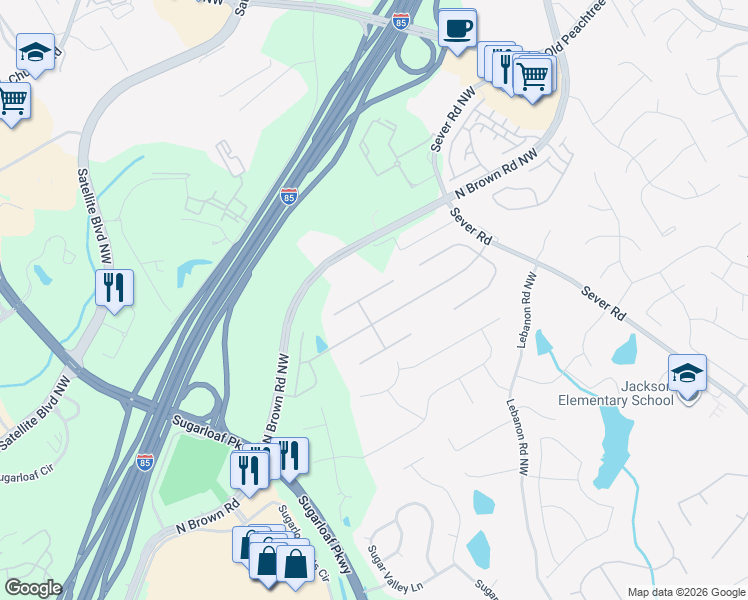map of restaurants, bars, coffee shops, grocery stores, and more near 1650 Flinthaven Court in Lawrenceville