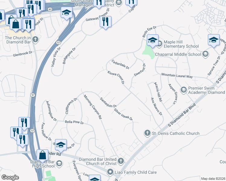 map of restaurants, bars, coffee shops, grocery stores, and more near 1700 Shadehill Place in Diamond Bar