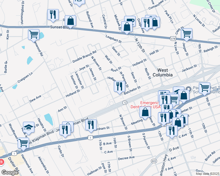 map of restaurants, bars, coffee shops, grocery stores, and more near 566 North Brown Street in West Columbia