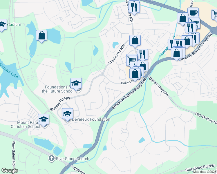 map of restaurants, bars, coffee shops, grocery stores, and more near 1563 Rachel's Ridge Northwest in Kennesaw