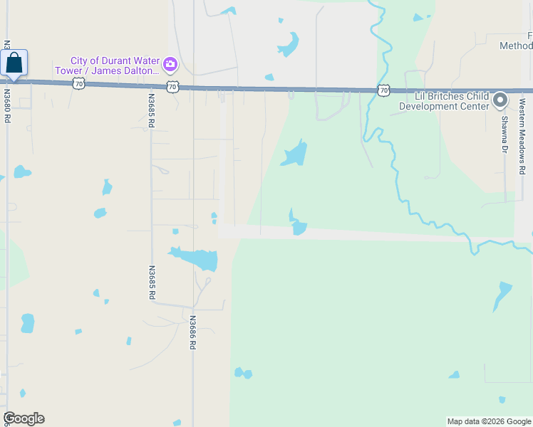 map of restaurants, bars, coffee shops, grocery stores, and more near 426 Western Hills Drive in Durant