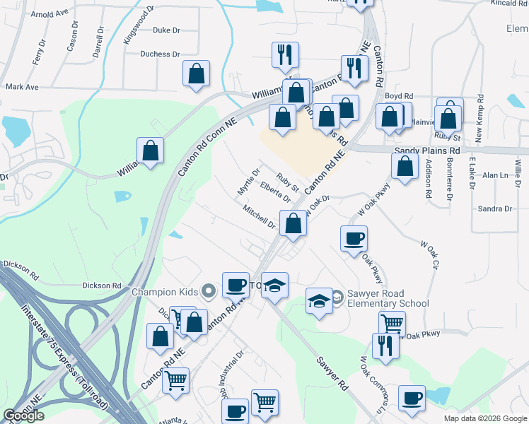 map of restaurants, bars, coffee shops, grocery stores, and more near 715 Mitchell Drive in Marietta