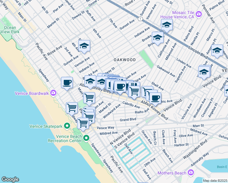 map of restaurants, bars, coffee shops, grocery stores, and more near 1205 Abbot Kinney Boulevard in Los Angeles