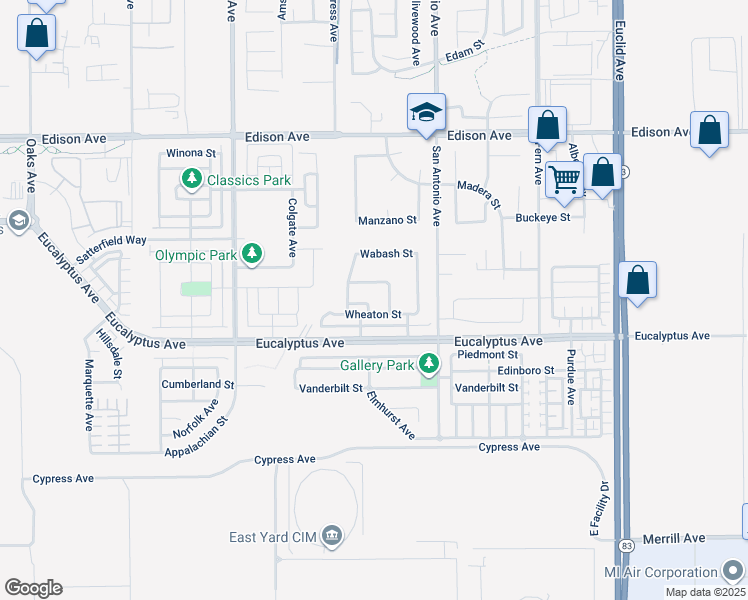 map of restaurants, bars, coffee shops, grocery stores, and more near 14433 Elmhurst Avenue in Chino