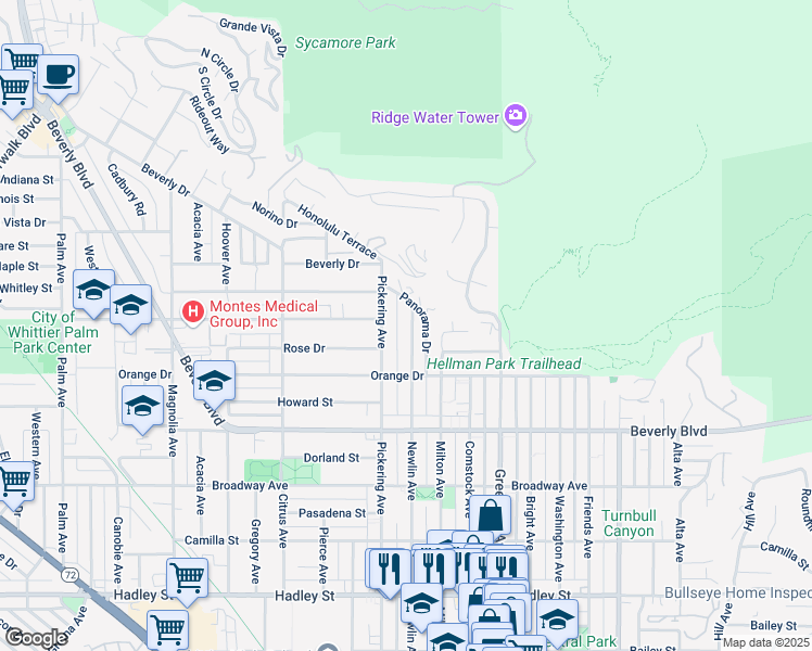 map of restaurants, bars, coffee shops, grocery stores, and more near 5671 Newlin Avenue in Whittier