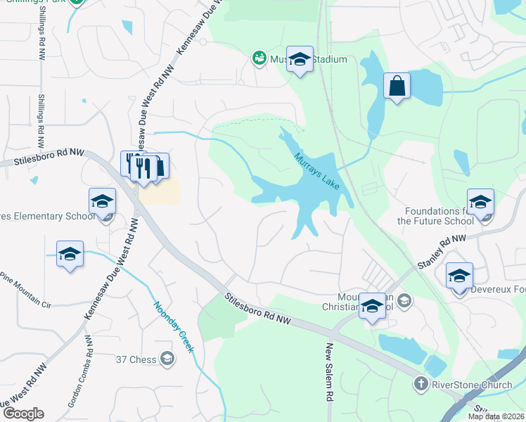 map of restaurants, bars, coffee shops, grocery stores, and more near 1463 Falkirk Lane Northwest in Kennesaw