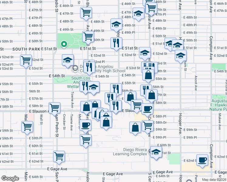 map of restaurants, bars, coffee shops, grocery stores, and more near 743 E 56th St in Los Angeles