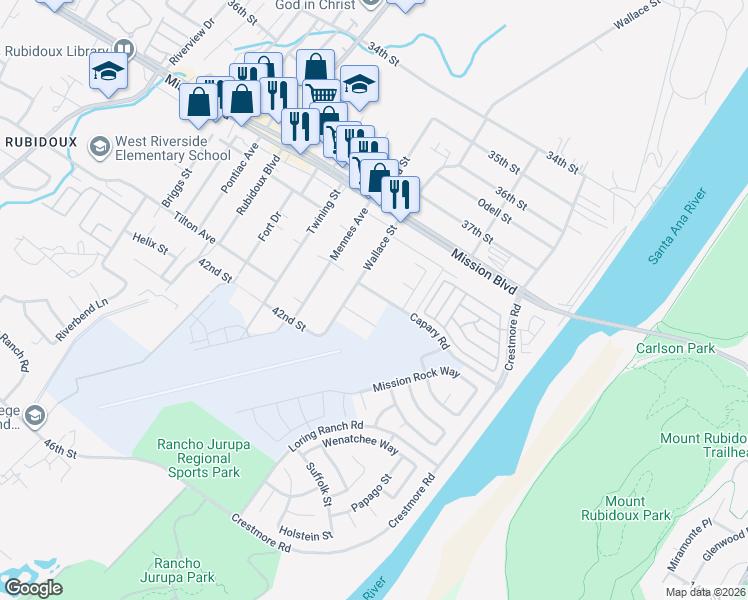 map of restaurants, bars, coffee shops, grocery stores, and more near 5374 Capary Road in Riverside