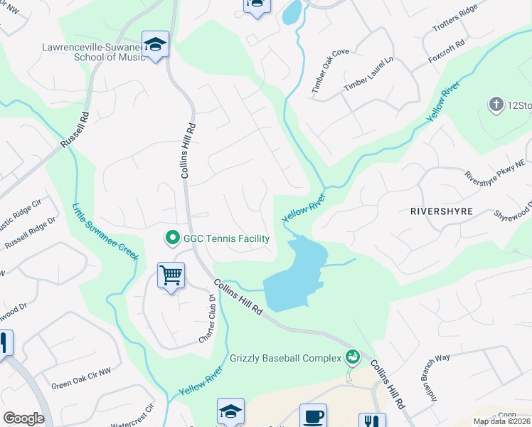 map of restaurants, bars, coffee shops, grocery stores, and more near 110 Channings Lake Drive in Lawrenceville