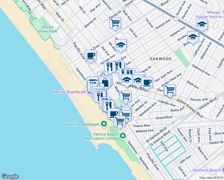 map of restaurants, bars, coffee shops, grocery stores, and more near 123 Breeze Avenue in Los Angeles