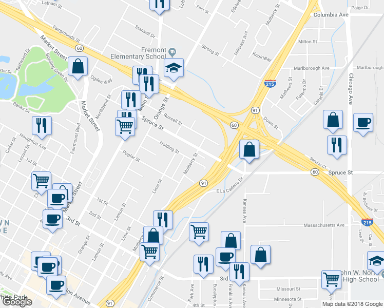 map of restaurants, bars, coffee shops, grocery stores, and more near 2465 Mulberry Street in Riverside