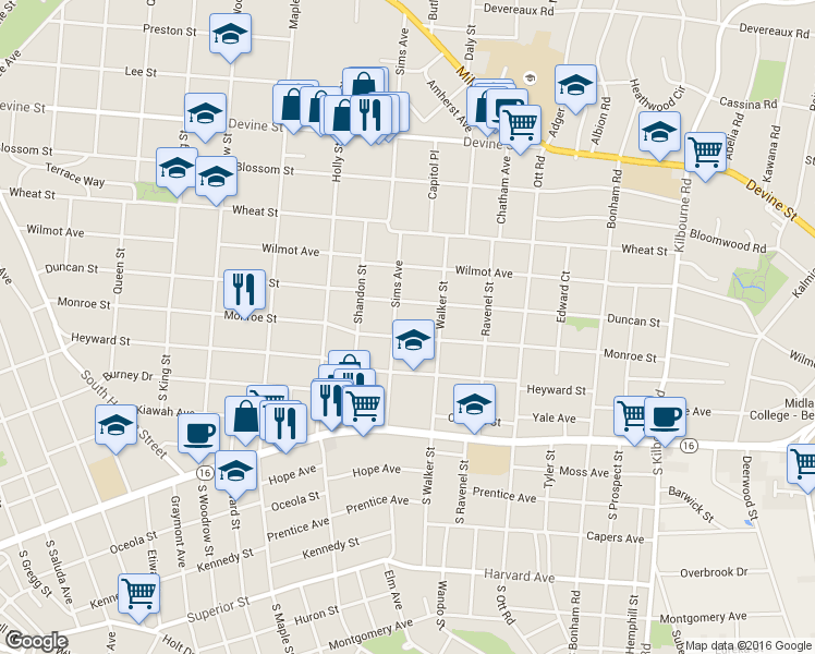 map of restaurants, bars, coffee shops, grocery stores, and more near 3109 Monroe Street in Columbia