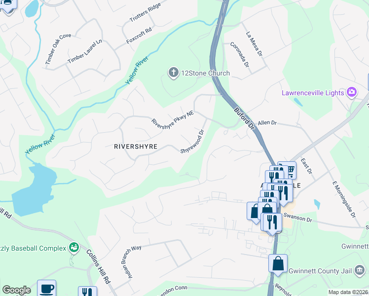 map of restaurants, bars, coffee shops, grocery stores, and more near 420 Shyrewood Drive in Lawrenceville