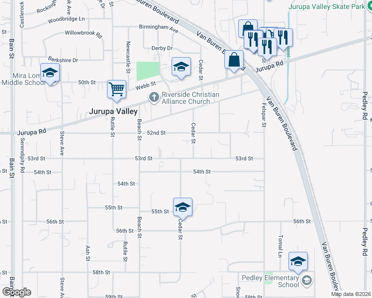 map of restaurants, bars, coffee shops, grocery stores, and more near 5321 Cedar Street in Riverside