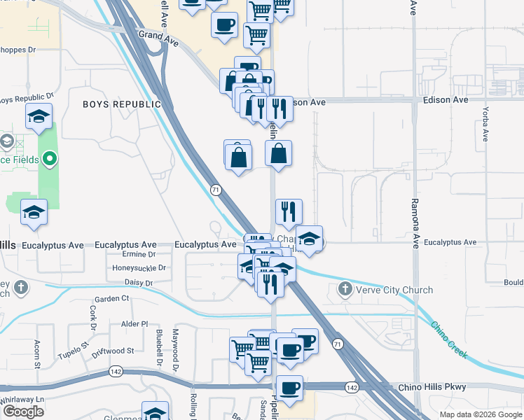 map of restaurants, bars, coffee shops, grocery stores, and more near 14472 Pipeline Avenue in Chino Hills