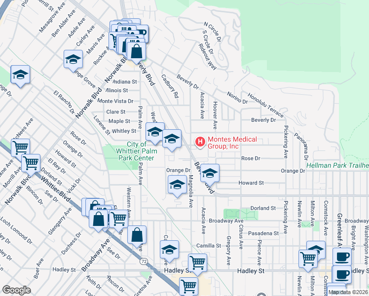 map of restaurants, bars, coffee shops, grocery stores, and more near 11716 Floral Drive in Whittier