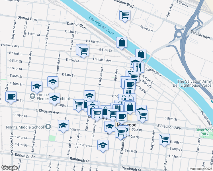 map of restaurants, bars, coffee shops, grocery stores, and more near 4339 East 55th Street in Maywood