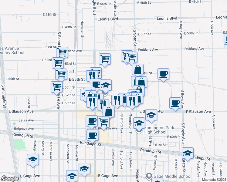 map of restaurants, bars, coffee shops, grocery stores, and more near 2701 East 57th Street in Huntington Park