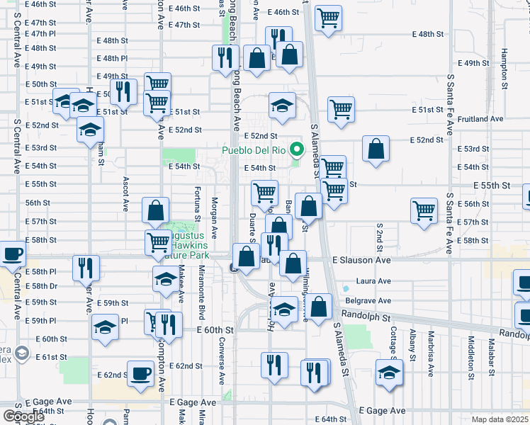 map of restaurants, bars, coffee shops, grocery stores, and more near 5550 Duarte Street in Los Angeles