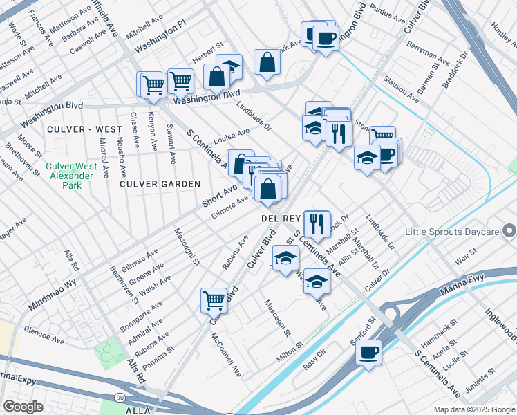 map of restaurants, bars, coffee shops, grocery stores, and more near 4569 South Centinela Avenue in Los Angeles