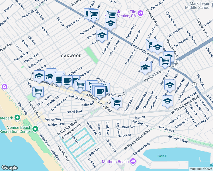 map of restaurants, bars, coffee shops, grocery stores, and more near 646 Palms Boulevard in Los Angeles