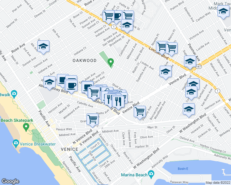 map of restaurants, bars, coffee shops, grocery stores, and more near 646 Palms Boulevard in Los Angeles
