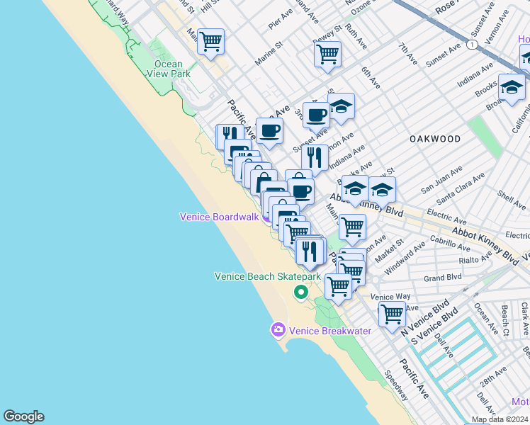 map of restaurants, bars, coffee shops, grocery stores, and more near 719 Ocean Front Walk in Los Angeles