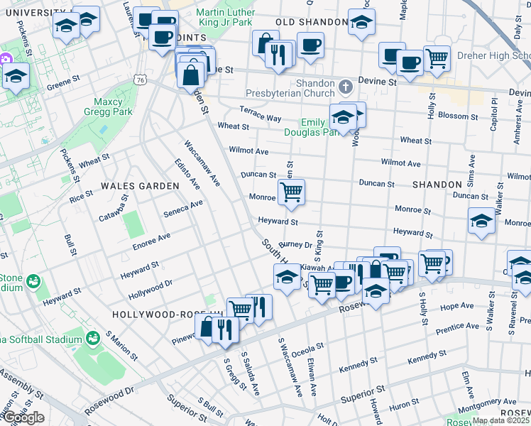 map of restaurants, bars, coffee shops, grocery stores, and more near 2415 Heyward Street in Columbia