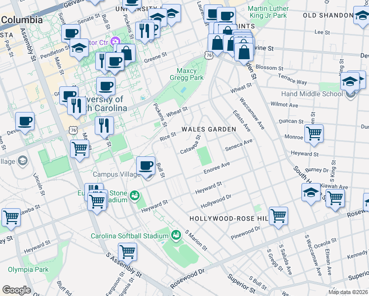 map of restaurants, bars, coffee shops, grocery stores, and more near 1619 Catawba Street in Columbia