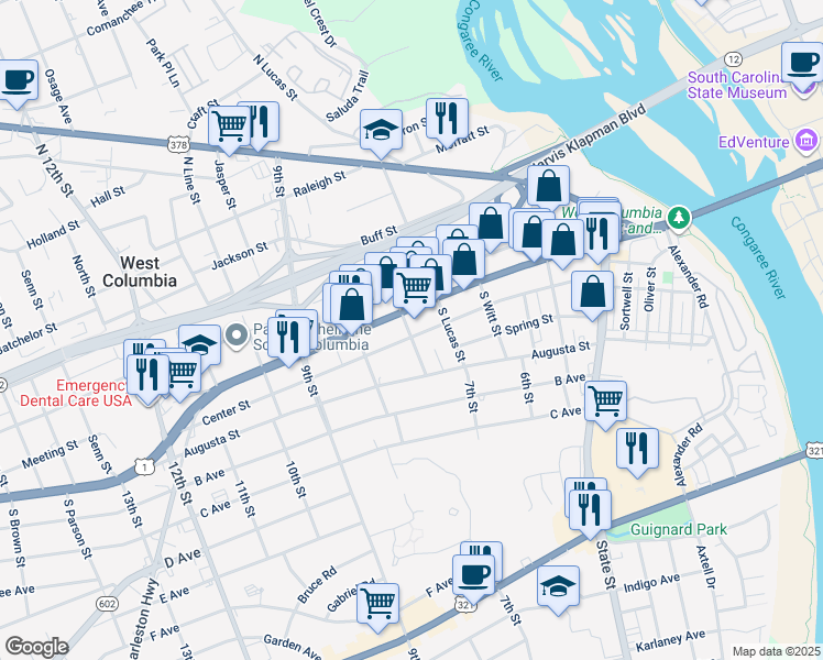 map of restaurants, bars, coffee shops, grocery stores, and more near 723 Center Street in West Columbia