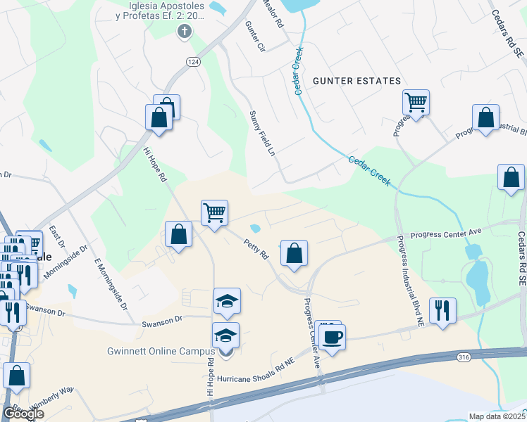 map of restaurants, bars, coffee shops, grocery stores, and more near 900 Petty Road in Lawrenceville