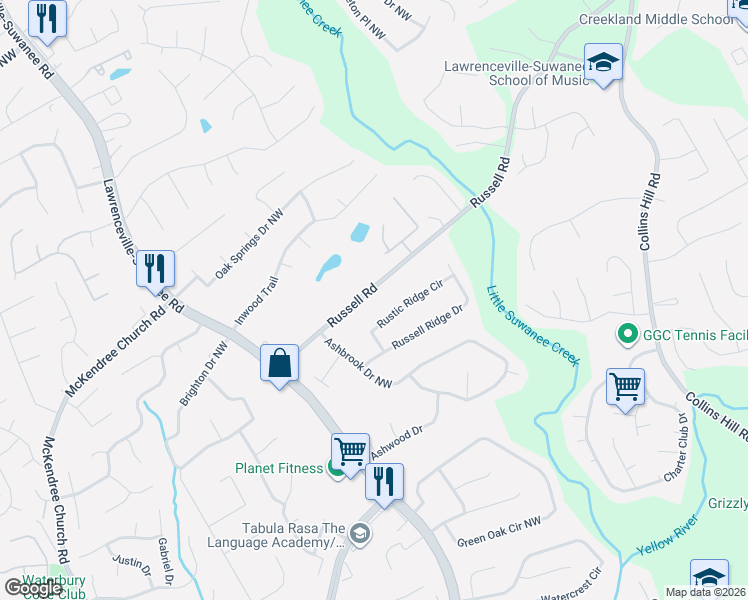 map of restaurants, bars, coffee shops, grocery stores, and more near 448 Russell Road in Lawrenceville