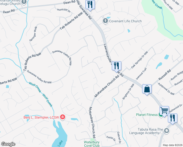 map of restaurants, bars, coffee shops, grocery stores, and more near 1792 Hayden Mill Court in Lawrenceville