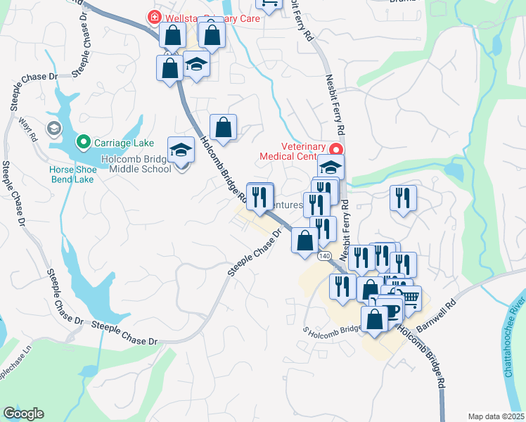 map of restaurants, bars, coffee shops, grocery stores, and more near 2830 Holcomb Bridge Road in Alpharetta