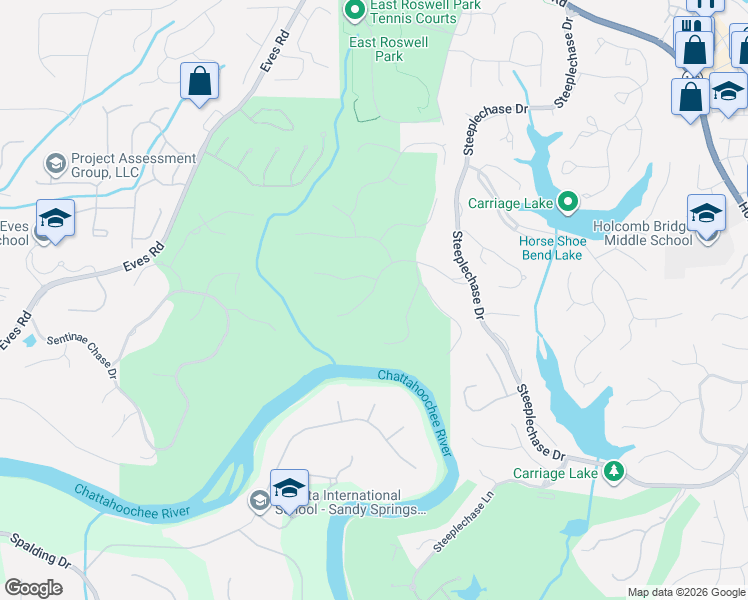 map of restaurants, bars, coffee shops, grocery stores, and more near 8720 River Bluff Lane in Roswell
