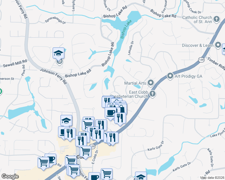 map of restaurants, bars, coffee shops, grocery stores, and more near 2039 Kinsmon Drive in Marietta