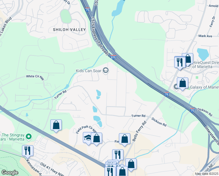 map of restaurants, bars, coffee shops, grocery stores, and more near 1630 Sheridan Drive in Marietta