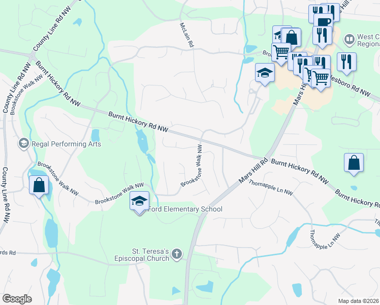map of restaurants, bars, coffee shops, grocery stores, and more near 5555 Fallsbrook Trce in Acworth