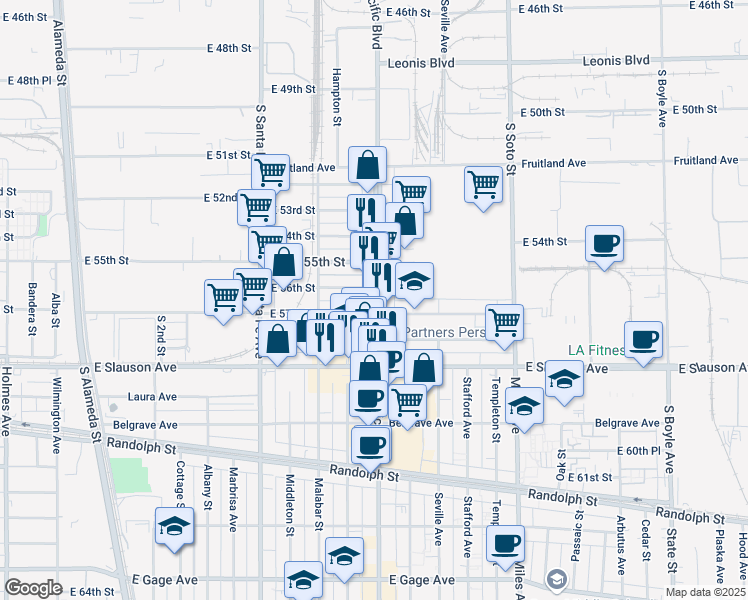 map of restaurants, bars, coffee shops, grocery stores, and more near 5605 Pacific Boulevard in Huntington Park