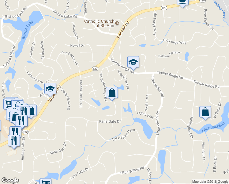 map of restaurants, bars, coffee shops, grocery stores, and more near 4775 Old Timber Ridge Road in Marietta