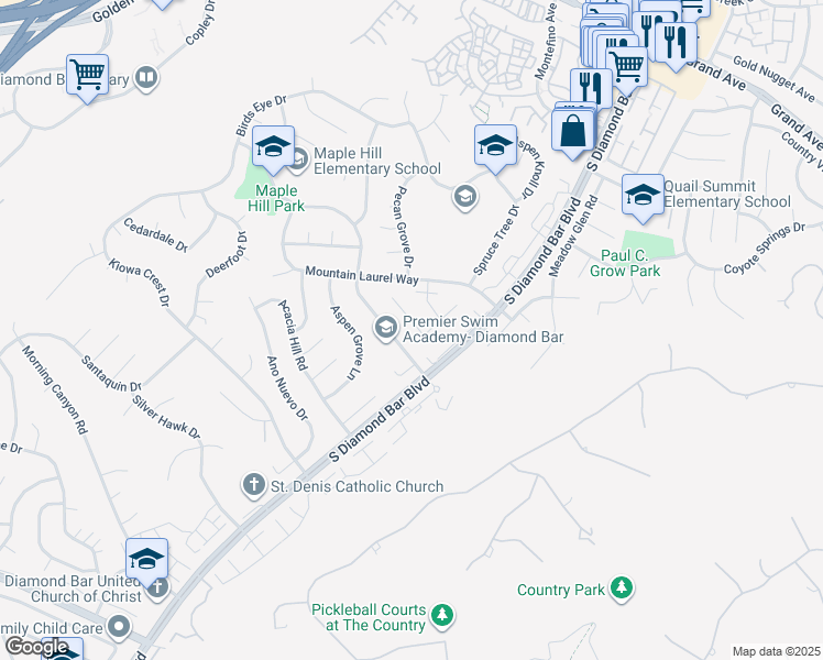 map of restaurants, bars, coffee shops, grocery stores, and more near 1653 Cypress Grove Lane in Diamond Bar