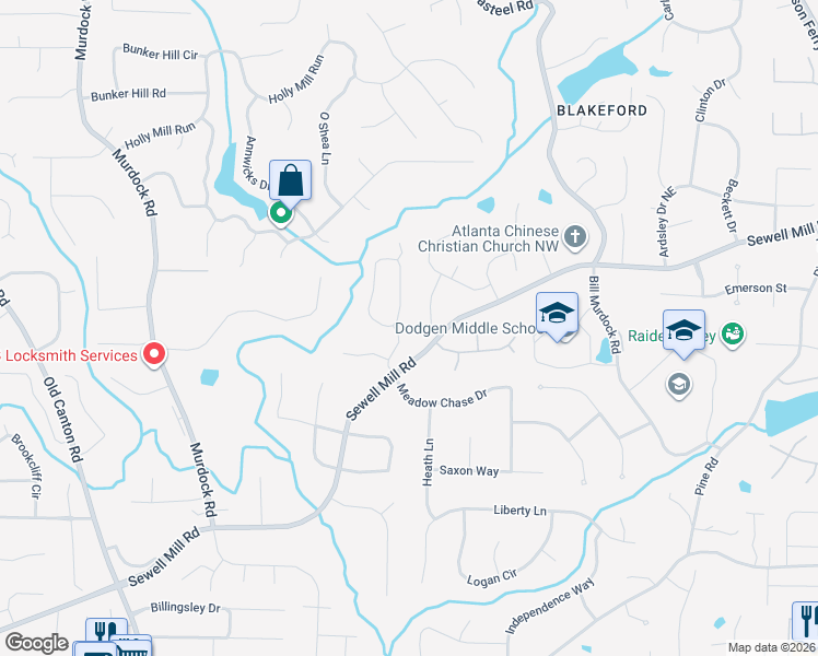 map of restaurants, bars, coffee shops, grocery stores, and more near 3409 Barrington Pass in Marietta