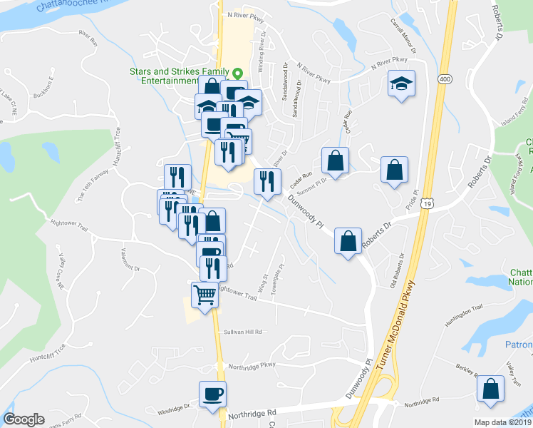 map of restaurants, bars, coffee shops, grocery stores, and more near Dunwoody Creek Circle in Atlanta