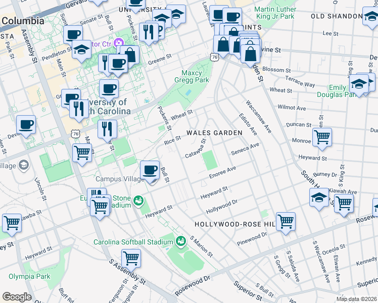 map of restaurants, bars, coffee shops, grocery stores, and more near 1619 Catawba Street in Columbia