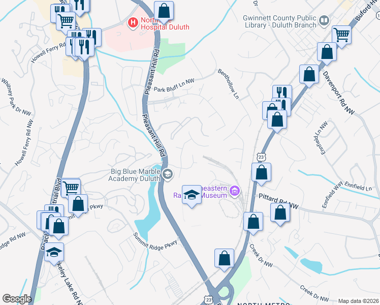 map of restaurants, bars, coffee shops, grocery stores, and more near 3635 Palisade Park Drive in Duluth