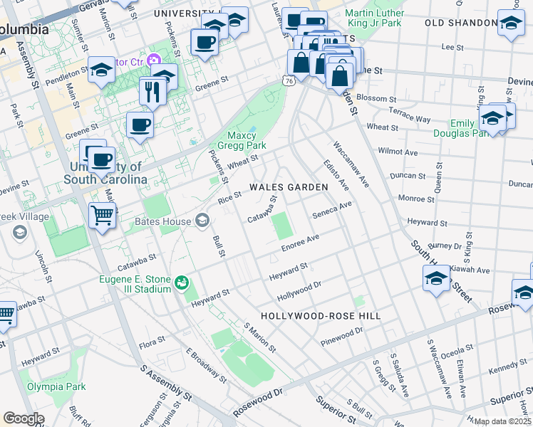 map of restaurants, bars, coffee shops, grocery stores, and more near 1638 Catawba Street in Columbia