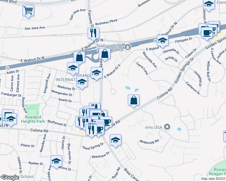 map of restaurants, bars, coffee shops, grocery stores, and more near 1356 Bellavista Drive in Walnut